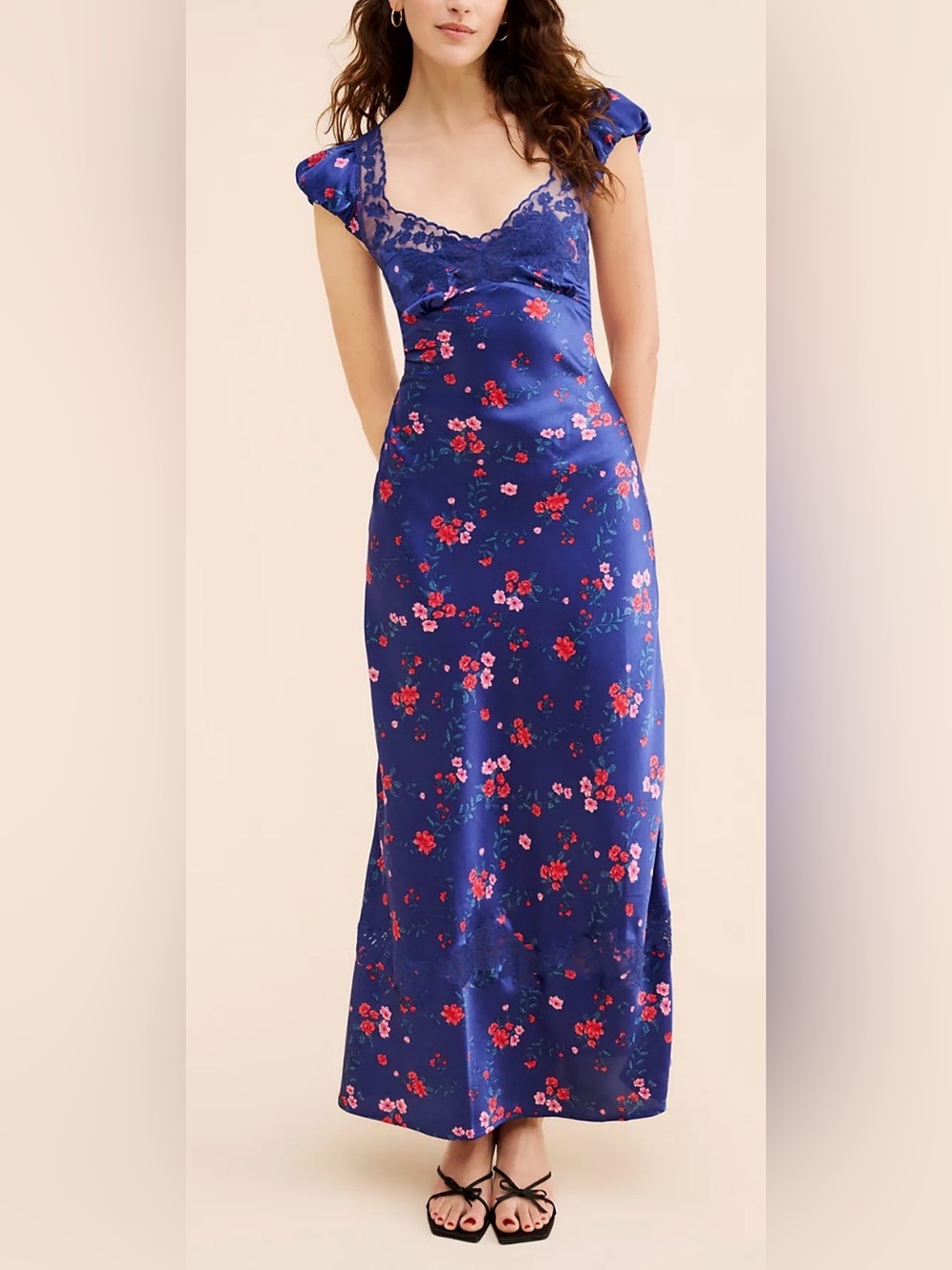 Free People Butterfly Babe Maxi Dress Blue Floral Lace Open Back L - Picture 2 of 9